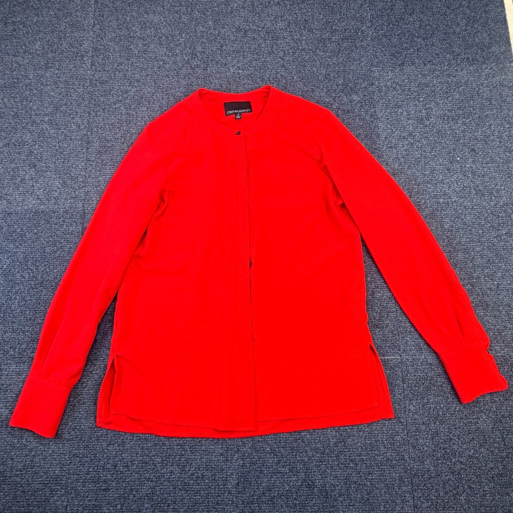 Cynthia Rowley Womens Red Collarless Button Front Blouse Long Sleeve‎ Size S
